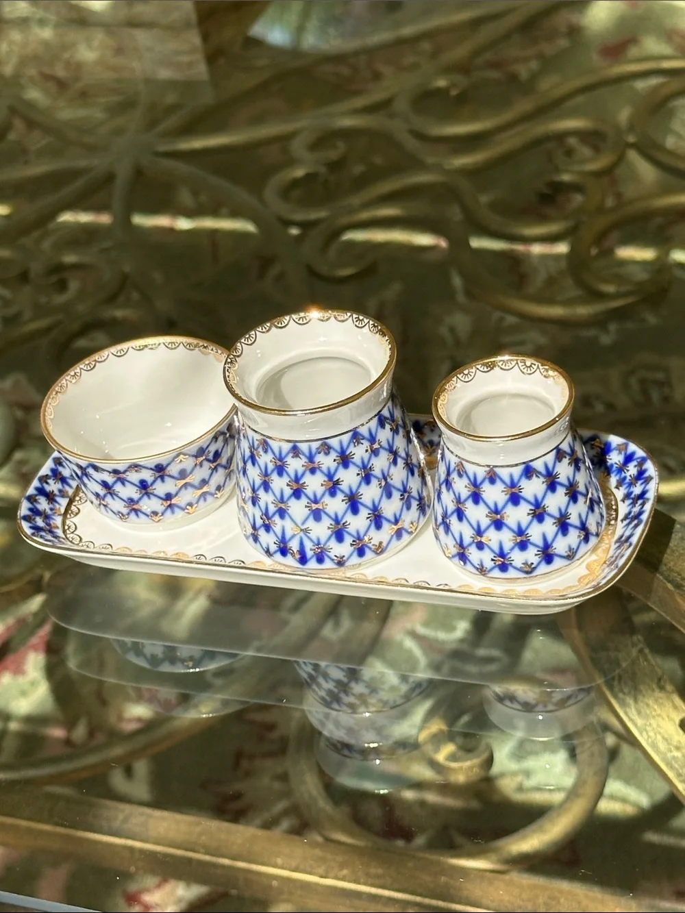 LOMONOSOV PORCELAIN SET, 4USSR, ST, ST. PETERSBURG Blue and White